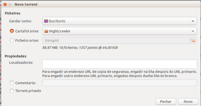 Menú creación torrent transmission