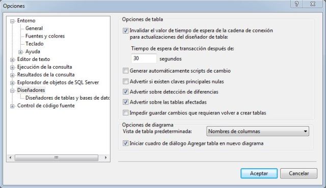 SQL-Server Opciones Diseñadores