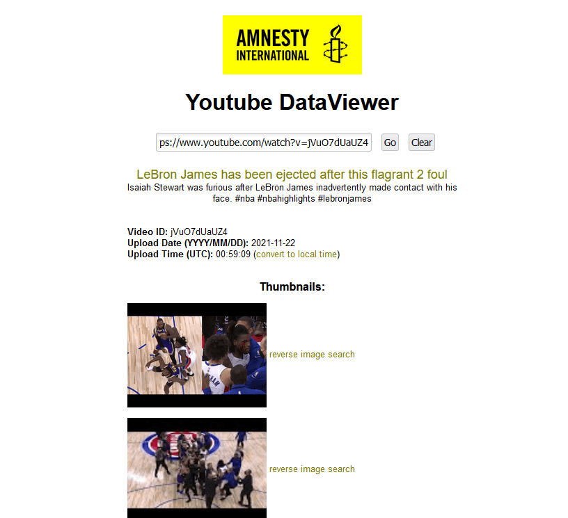 Captura de pantalla del visor de metadatos de youtube